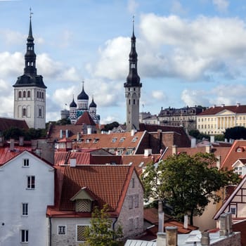 Skyline of Tallinn in Estonia. The three churches are - St Nicholas Church, Alexander Nevsky Cathedral and the Church of the Holy Spirit.