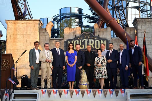 The Mack family with guests of honour at the official opening of the new Voltron Nevera roller coaster at the Croatian Summer Festival at Europa Park Rust 2024
