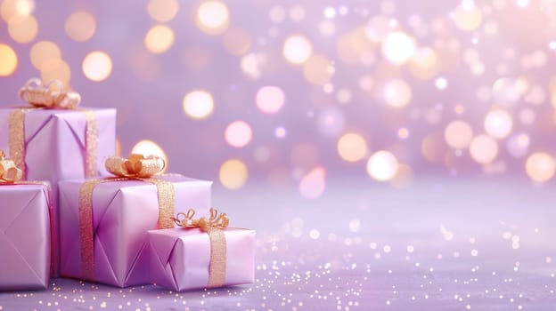 Christmas holiday gift box for suprise, purple pastel bokeh fairy light, winter season, new year