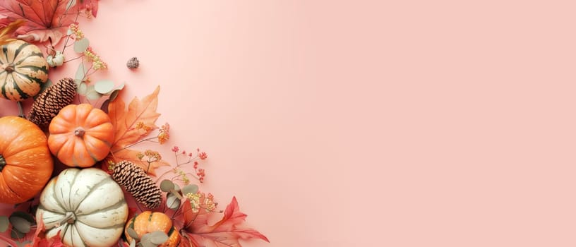 Thanksgiving background, pumpkin and autumn foliage, banner with copy space, holiday season