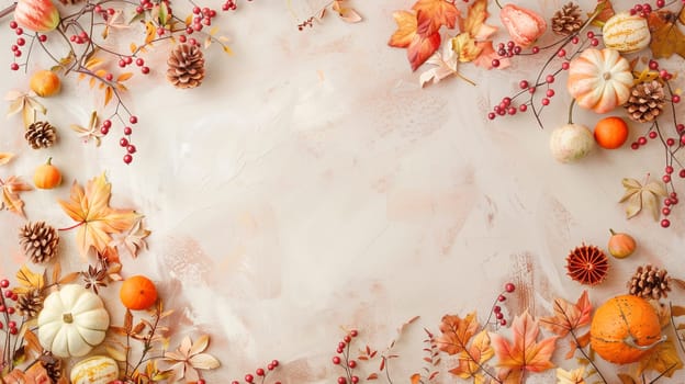 Thanksgiving background, pumpkin and autumn foliage, banner with copy space, holiday season