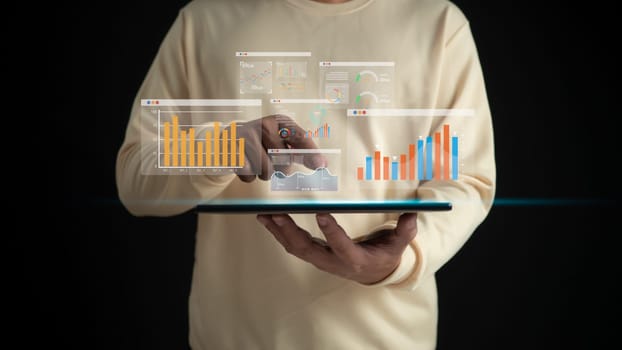 Analysts use tablets and dashboards for marketing analysis, Strategic planning analysis with information on management, Analyze performance and report for operations management, Data analysis concept.