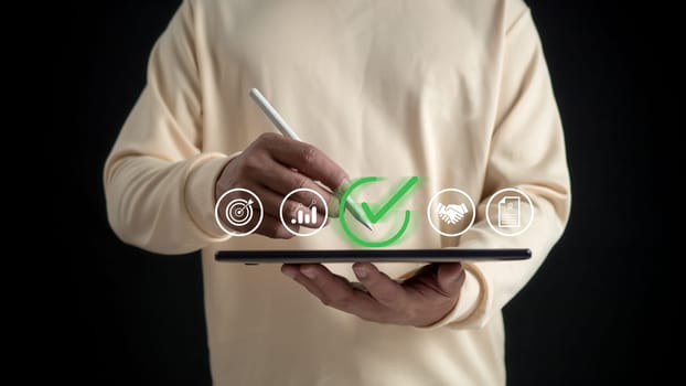 Man write or tick correct mark to approve document or project, Application for certificate, Quality management and assurance, Business certification, Pass inspection, Accept approved, Survey, QA, QC.