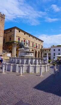 Rimini, Italy - June 25, 2024: Fountain of pine cone or Fontana Della Pigna at Piazza Cavour in Rimini at Italy