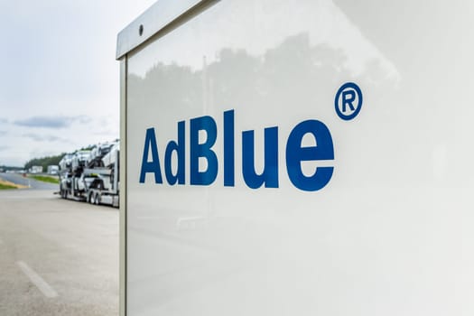 The AdBlue tank at OMV gas station. AdBlue is a diesel exhaust cleaning fluid for trucks and buses.