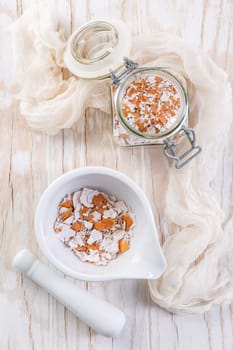 Preparing  crushed eggshells for  vegetable bed, eggshells stored for making natural fertilizers for growing vegetables, sustainability concept