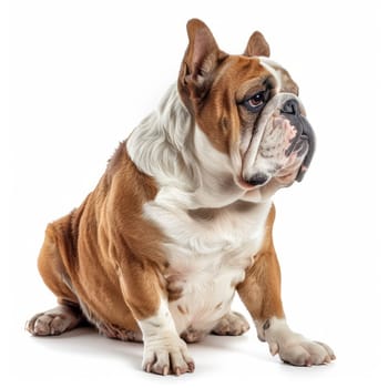 Cute bulldog sitting and looking away on white background