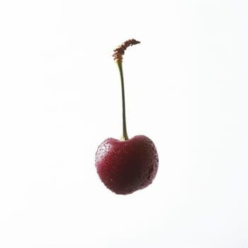 A single ripe cherry with stem and water droplets, isolated on a white background