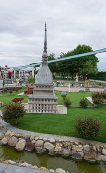 Viserba, Italy - June 25, 2024: Torino Torre Mole Antonelliana at Theme park Italy in Miniature or Italia in Miniatura in Rimini, Italy - Reproduction of famous attractions in a small scale