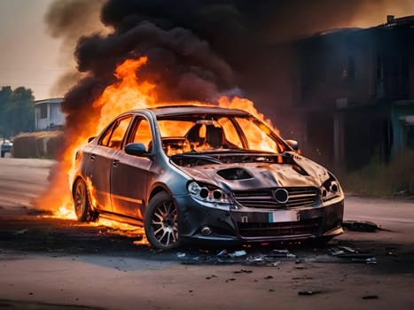 Burning car after accident explosion