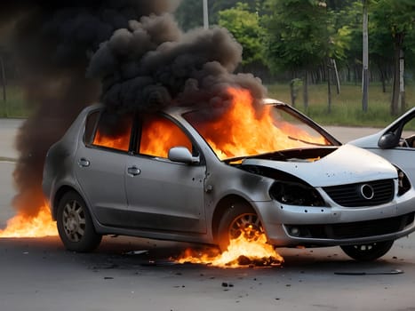 Burning car after accident explosion