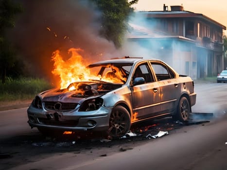 Burning car after accident explosion