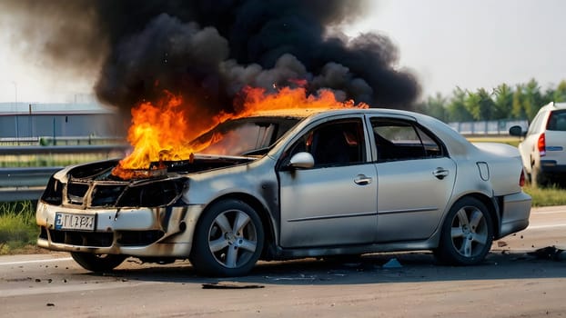 Burning car after accident explosion