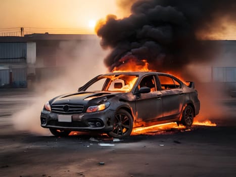 Burning car after accident explosion