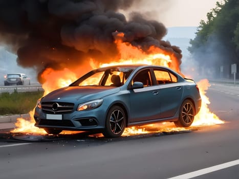 Burning car after accident explosion