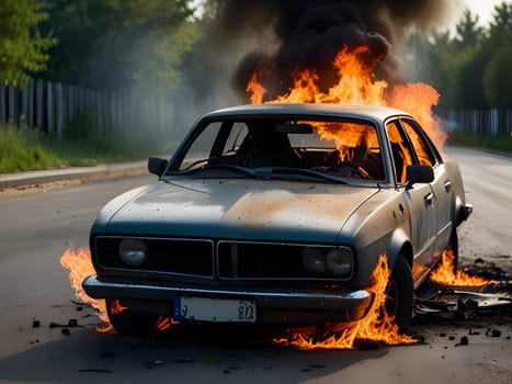 Burning car after accident explosion