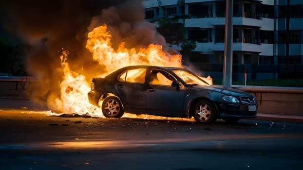Burning car after accident explosion