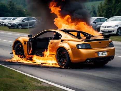 Burning car after accident explosion