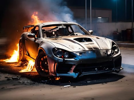 Burning car after accident explosion