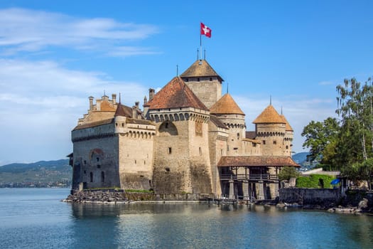 The medieval castle of Chateau de Chillon on the north shore of Lake Geneva in Switzerland. Parts of the castle date from 1005AD.
