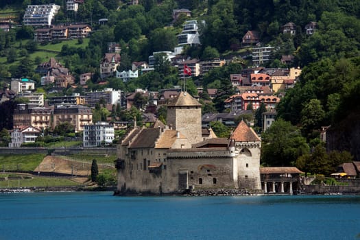 The medieval castle of Chateau de Chillon on the north shore of Lake Geneva in Switzerland. Parts of the castle date from 1005AD.