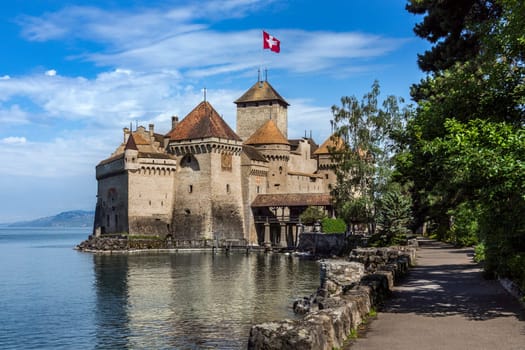 The medieval castle of Chateau de Chillon on the north shore of Lake Geneva in Switzerland. Parts of the castle date from 1005AD.