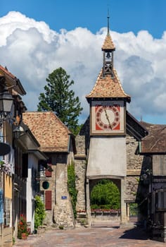 Clock tower in the town of St Prex on the northern shore of Lake Geneva in the Vaud canton of Switzerland.