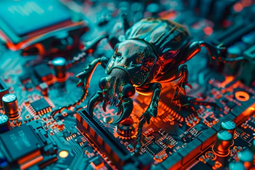 A stag beetle sitting on computer hardware, close-up view.Computer attack concept.  AI generated