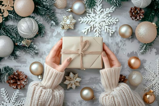 Woman takes Christmas craft gift box with xmas decorations on the table. Handmade christmas gift. Top view. Christmas eve preparation.  AI generated