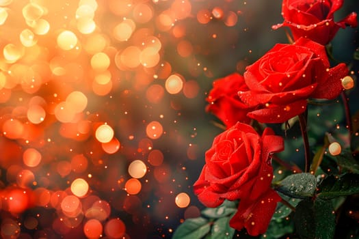 Red roses bouquet with blurred shining bokeh. Greeting card. Summer or spring floral composition. AI generated