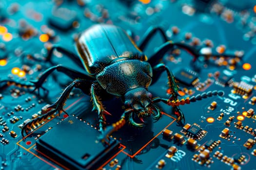 A stag beetle sitting on computer hardware, computer attack concept.  AI generated