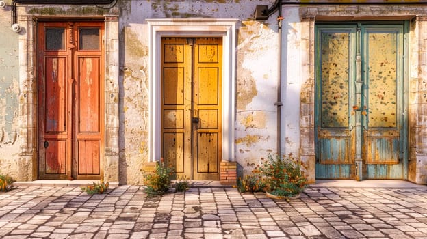 Front view facade of an old house with a three doors.  AI generated