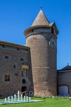 Medieval Morges Castle in the town of Morges on the north shore of Lake Geneva in the Vaud canton in Switzerland. The castle dates from around 1340.