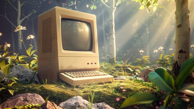 Retro personal computer in a forest. Remote Job concept.  AI generated