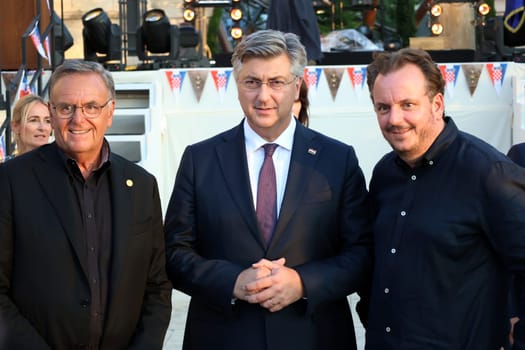 Roland Mack (Europapark Rust),Andrej Plenkovic (Prime Minister of Croatia) and Michael Mack (Europapark Rust) at the Croatian Summer Festival at Europa Park Rust 2024