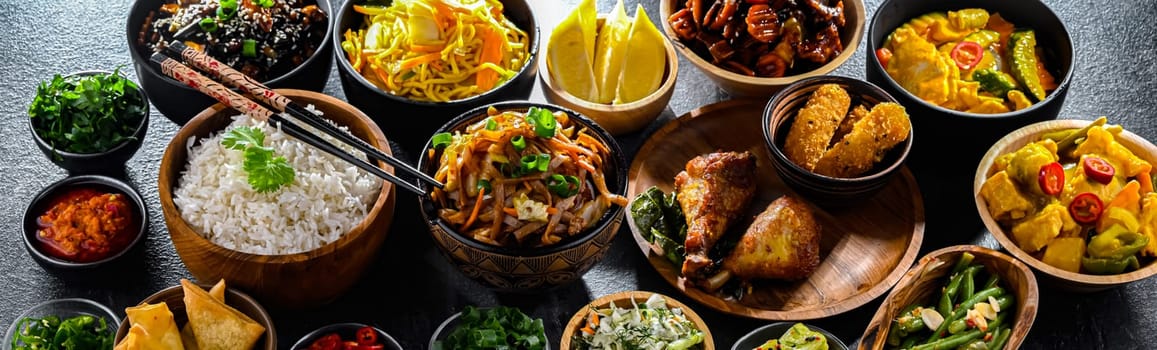 Composition with variety of east asian dishes.