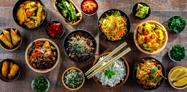 Composition with variety of east asian dishes.
