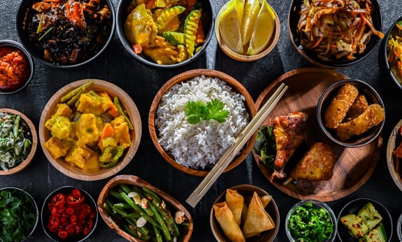 Composition with variety of east asian dishes.