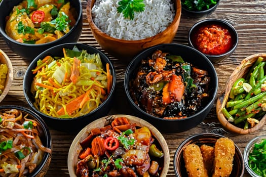 Composition with variety of east asian dishes.