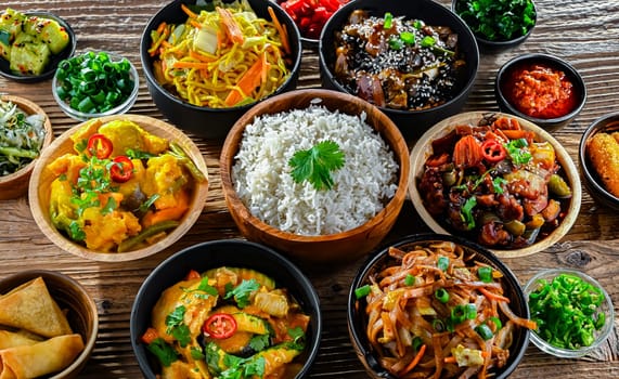 Composition with variety of east asian dishes.