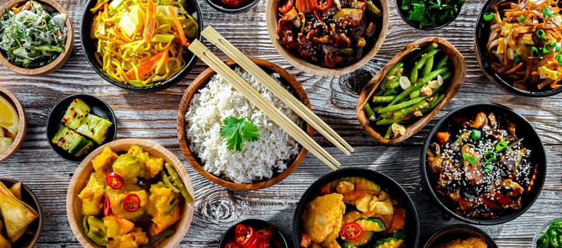 Composition with variety of east asian dishes.