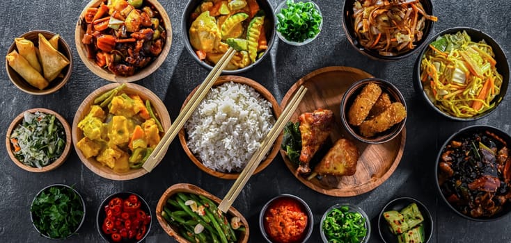 Composition with variety of east asian dishes.