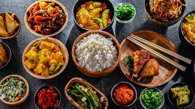 Composition with variety of east asian dishes.
