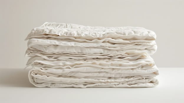 A collection of neatly folded white blankets, each meticulously arranged for easy access and storage.