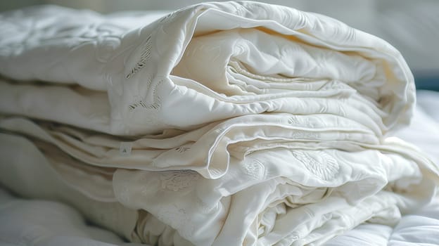 A collection of neatly folded white blankets.