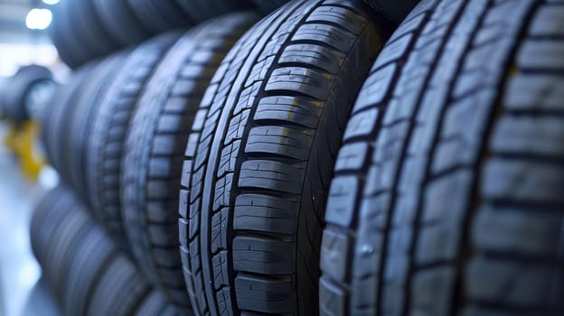 A neat stack of pristine, brand-new tires arranged meticulously.