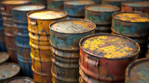 Lined up, a sequence of oil barrels each poised for transport or storage, neatly arranged.