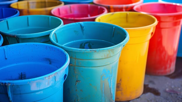 A selection of plastic buckets in various sizes and colors.