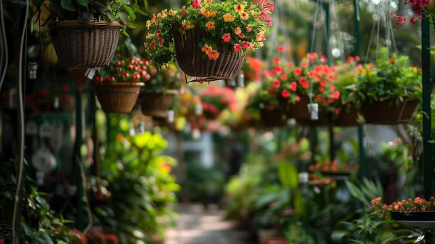 A lineup of suspended baskets.