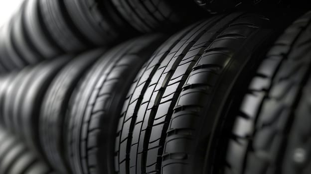 A pristine series of neatly stacked tires, each boasting a vivid black hue, showcasing their fresh and unused condition.